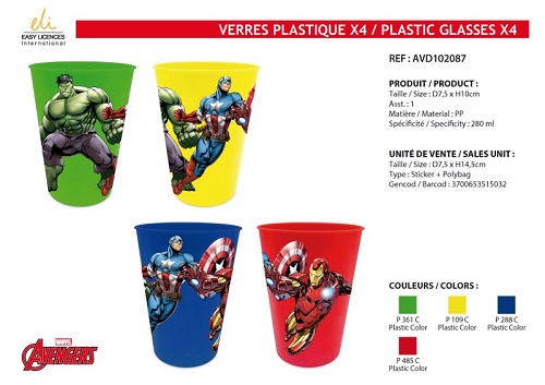 4 Verres en plastique Avengers