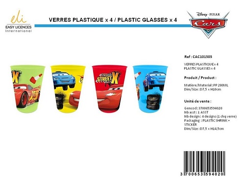 Lot de 4 verres en plastique Cars